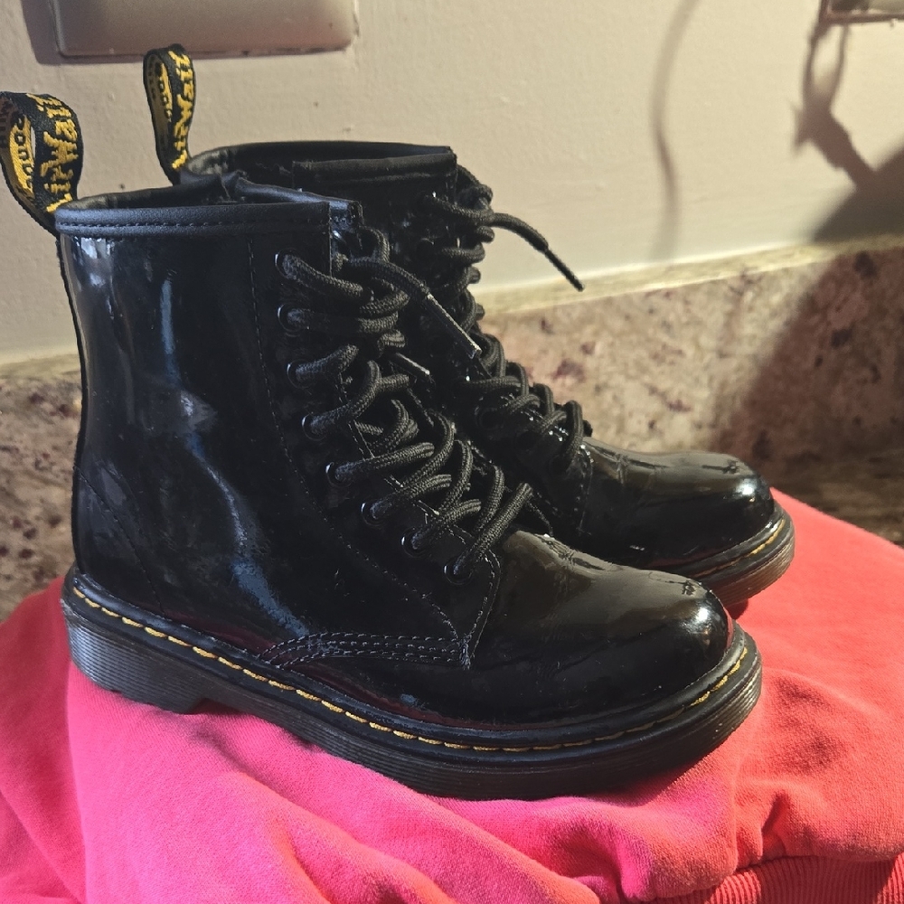 Dr. Martens Shiny Black Boots with Yellow Accents